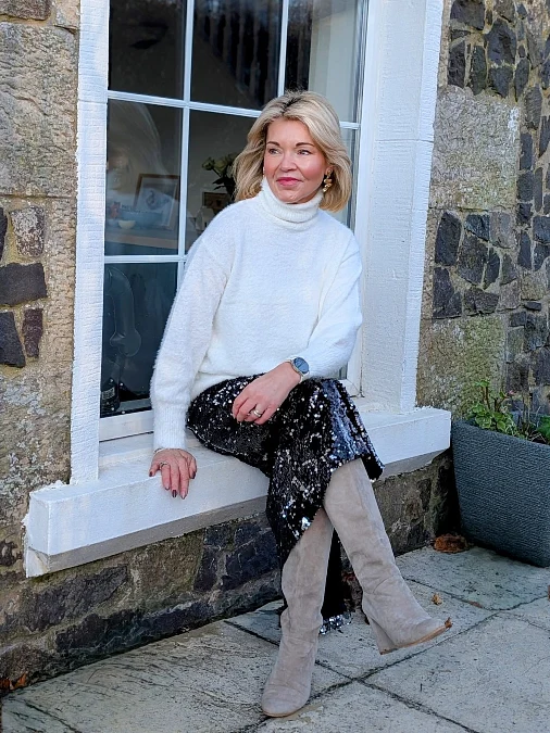 Ivory Knit + Sequin Midi Skirt