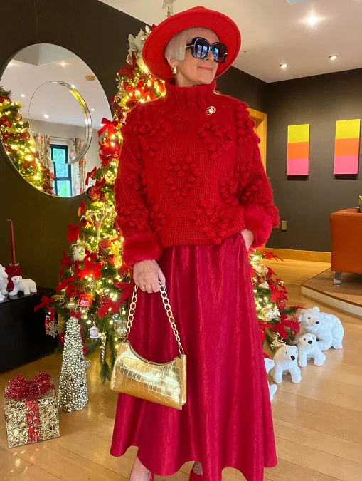 Tonal Red Knit and Satin Skirt