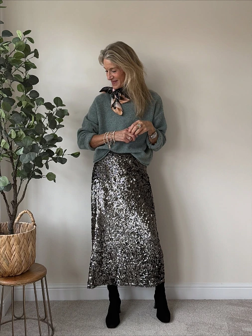 Sage Knit and Silver Sequin Skirt