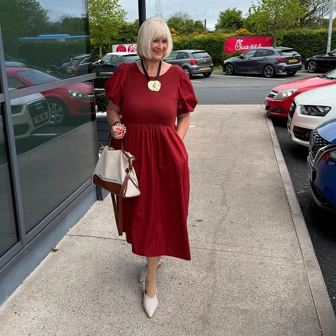 Cranberry Midi Dress With Puff Sleeves