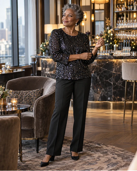 Sequin Top + Dark Straight-Leg Trousers + Simple Shoes