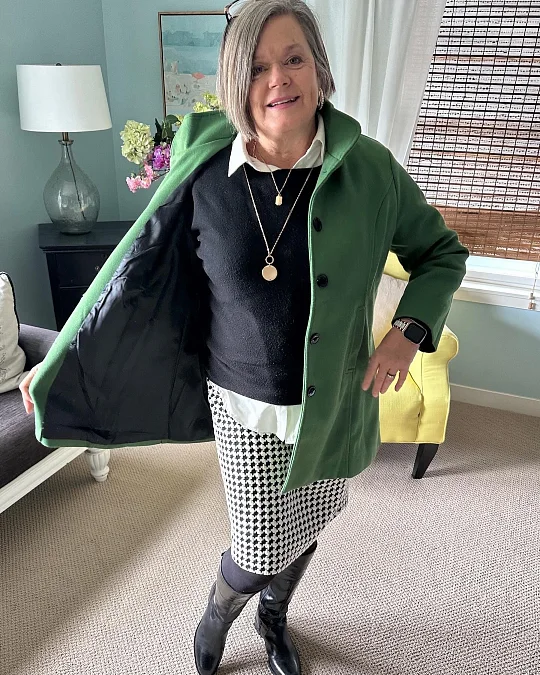 Green Coat and Patterned Midi Skirt