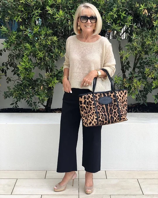 Beige Knit + Cropped Black Trousers + Leopard Tote