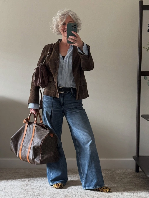 Brown Suede Jacket + Wide-Leg Jeans