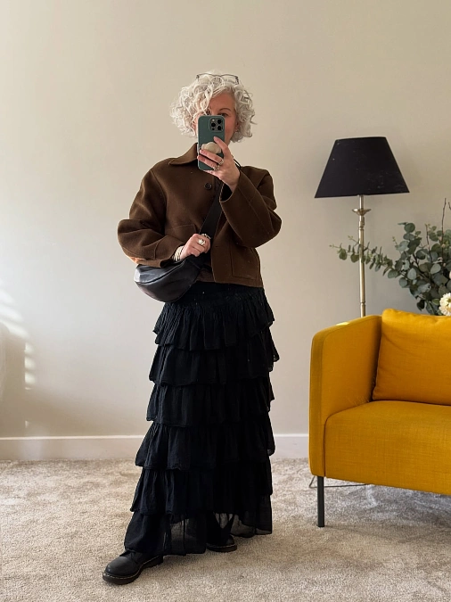 Brown Jacket and Tiered Black Skirt