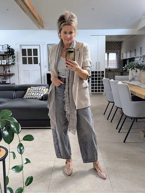 Beige Blazer + Gray Denim + Pointed Flats