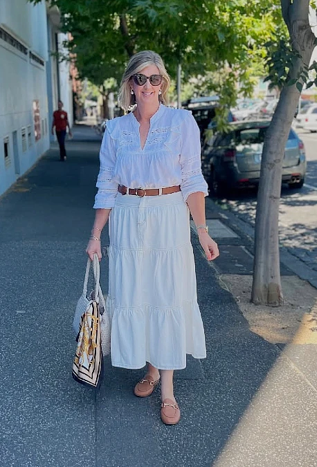 White Blouse and Tiered Midi Skirt