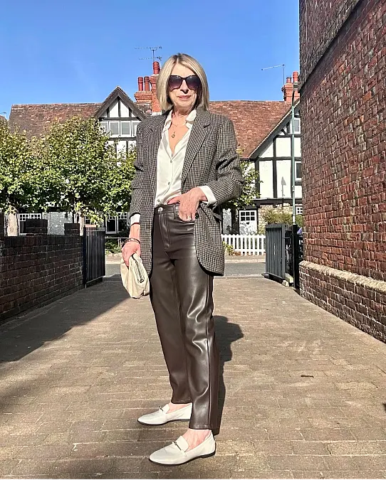 Checked Blazer and Brown Leather Trousers