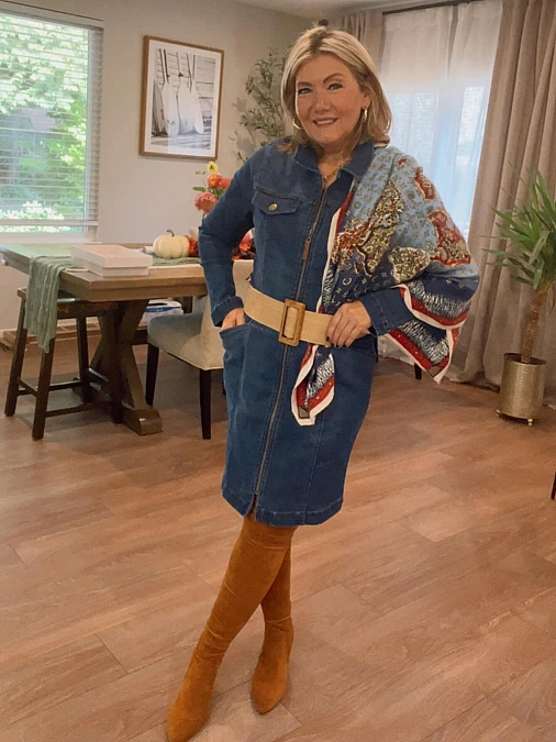 Belted Denim Dress With Tall Boots