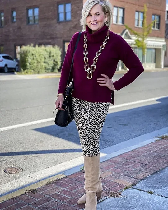 Burgundy Turtleneck + Leopard Pants + Tall Boots