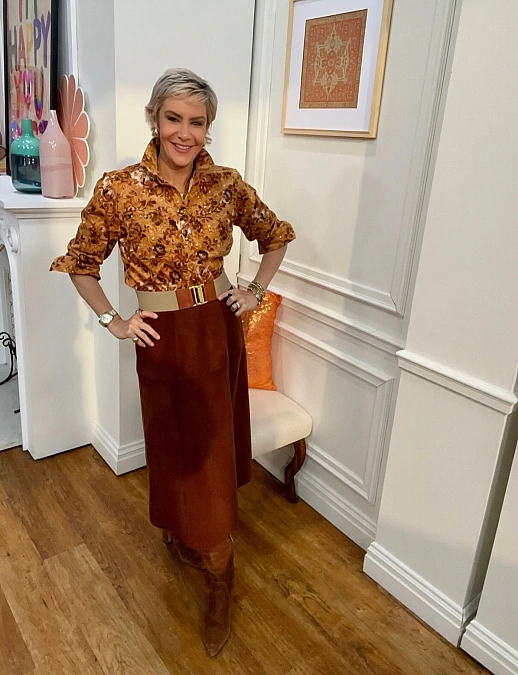 Printed Blouse and Cinnamon Midi Skirt