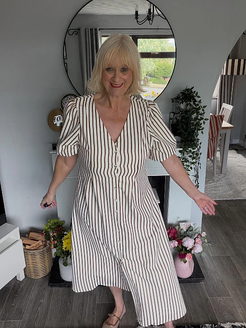 Striped Midi Dress With Puff Sleeves