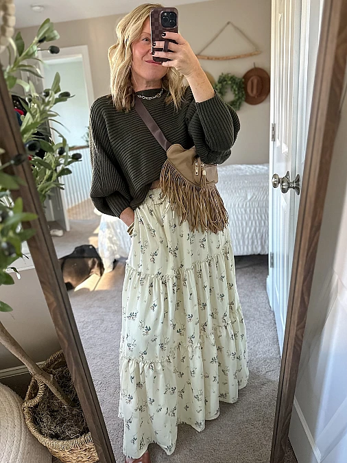 Olive Sweater With a Floral Maxi Skirt
