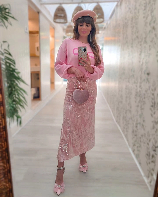 Pink Knit + Sequin Midi Skirt