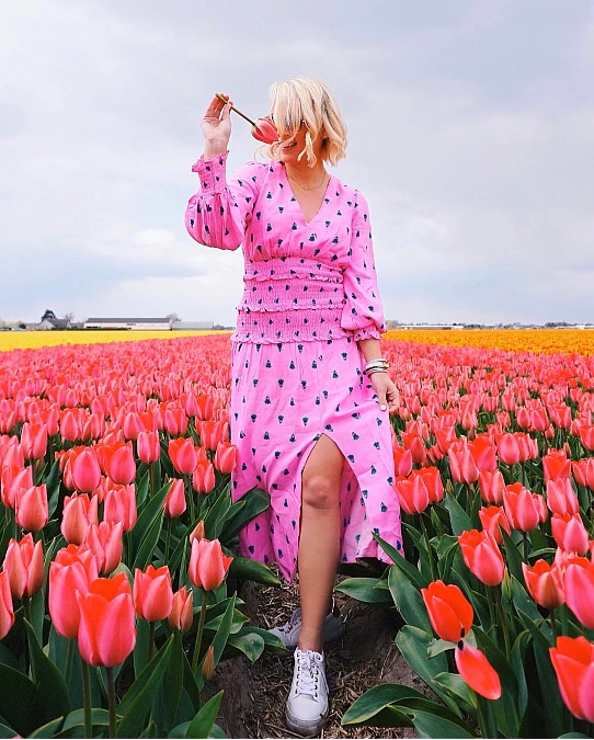 Pink Printed Midi Dress With Sneakers