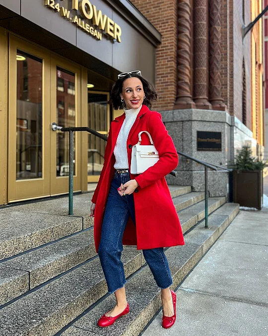 Red Coat With Cropped Jeans