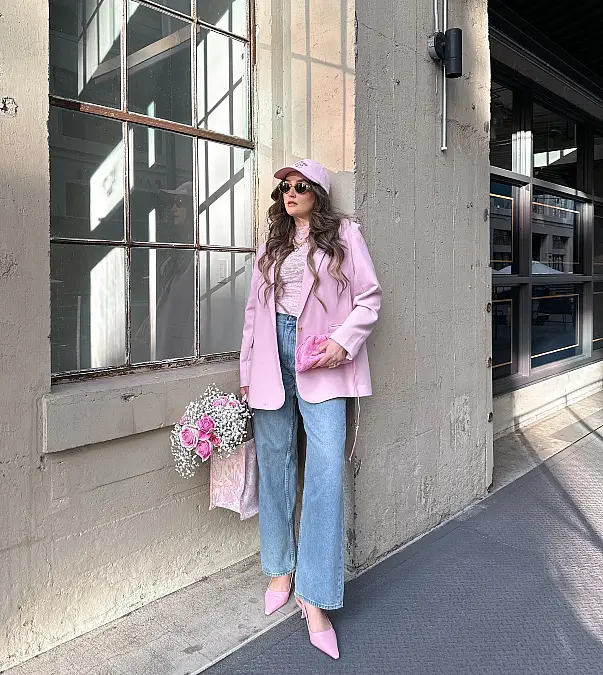 Blush Blazer and Wide-Leg Jeans