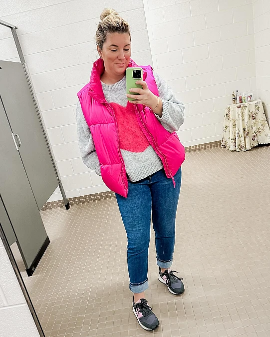 Pink Puffer Vest and Heart Knit