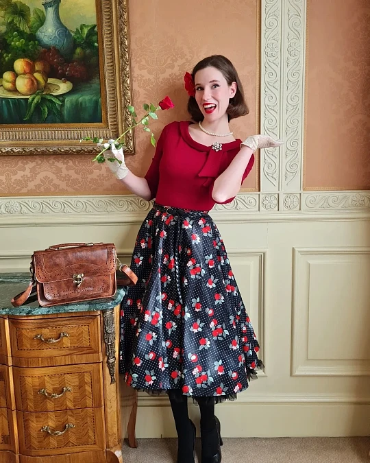 Red Blouse and Floral Swing Skirt