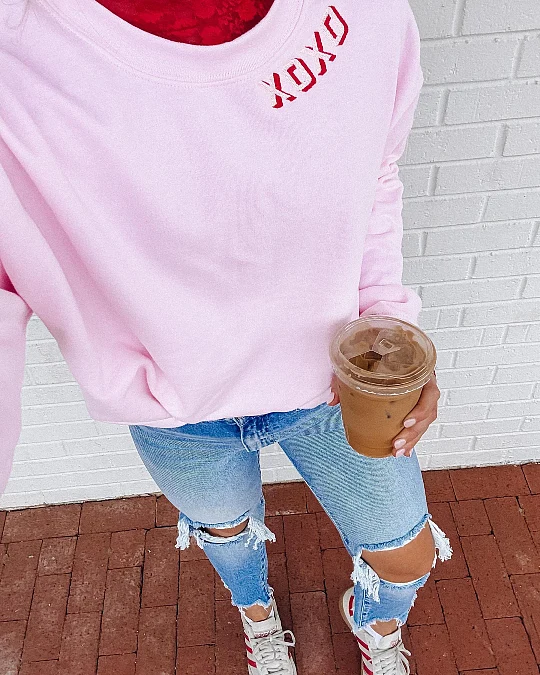 Pink Sweatshirt + Distressed Jeans