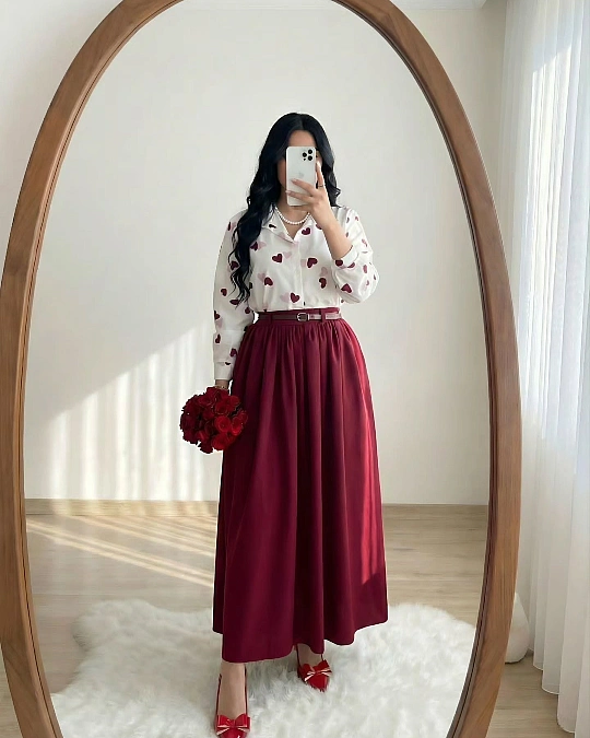 Burgundy Midi Skirt and Heart Blouse