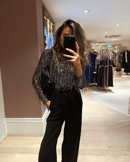 Beaded Fringe Top With Black Trousers