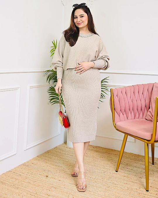 Soft Beige Knit With Jeweled Detail
