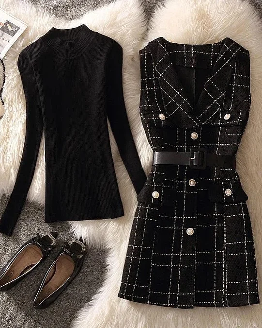 Checked Dress Over a Black Knit