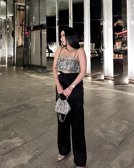 Mirror Sequin Top With Black Trousers