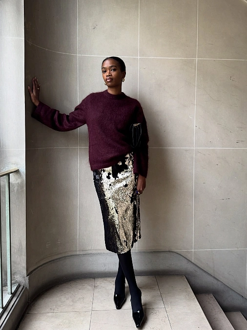 Burgundy Sweater With a Sequin Midi Skirt