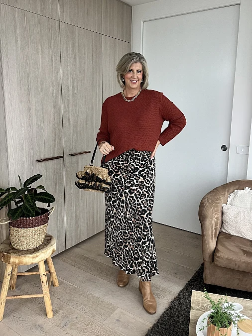 Rust Knit and Leopard Midi Skirt