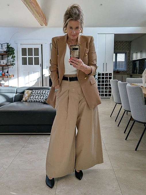 Camel Blazer + Wide-Leg Trousers