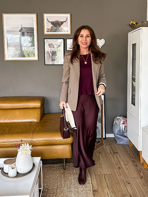 Burgundy Satin and Taupe Blazer