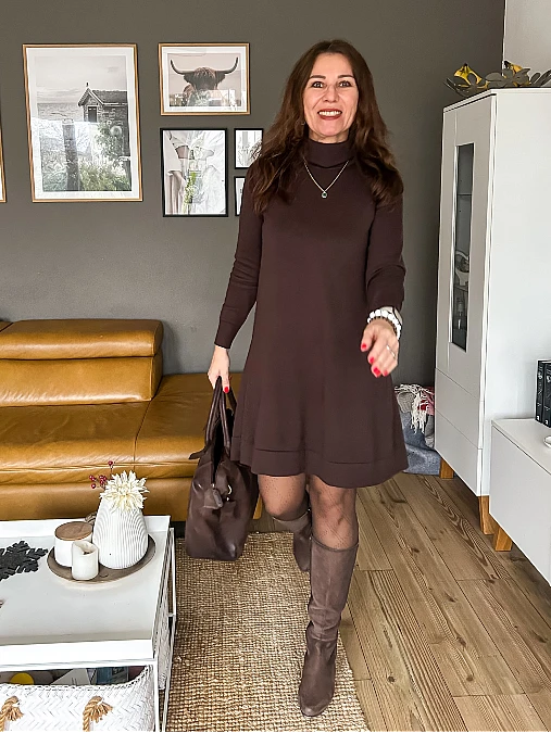 Chocolate Sweater Dress and Tall Boots