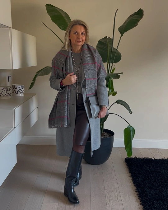 Gray Coat and Leather Pencil Skirt