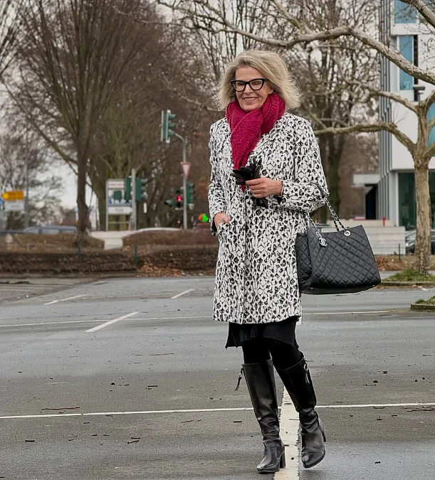 Monochrome Coat with Raspberry Scarf