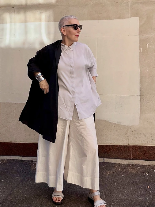 White Shirt + Wide-Leg Trousers + Black Coat