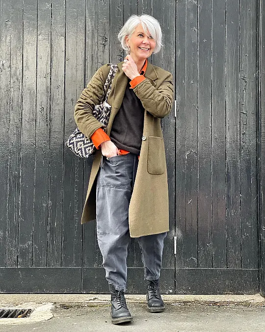 Olive Coat with Relaxed Gray Trousers
