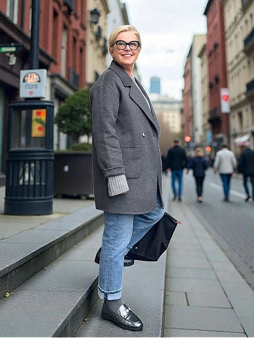 Gray Coat + Jeans + Loafers