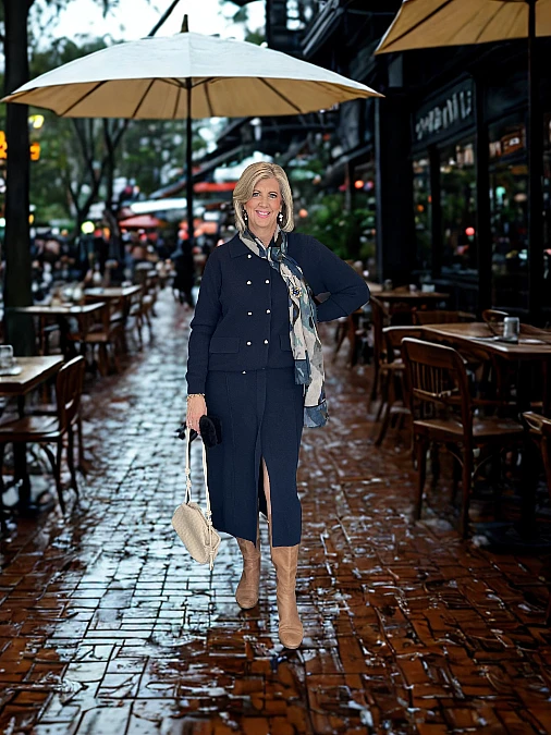 Navy Knit Set with Camel Boots