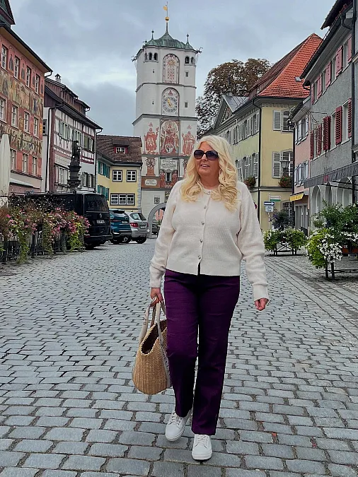 Cream Cardigan and Plum Trousers