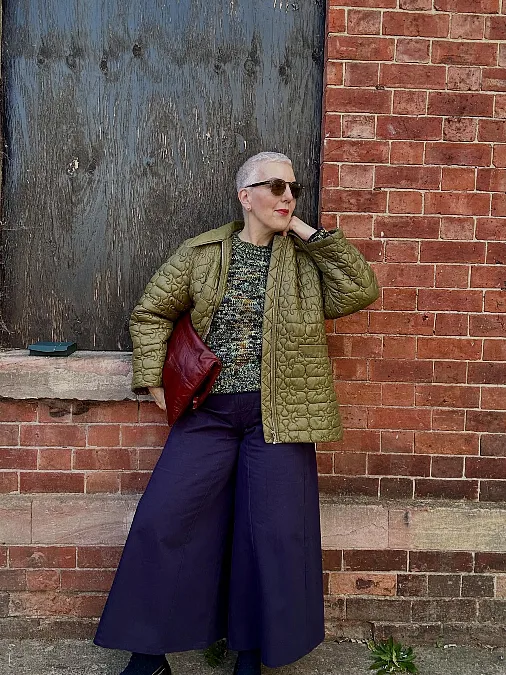 Olive Quilted Jacket and Wide-Leg Trousers