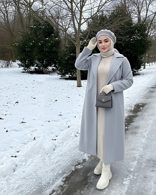 Powder Blue Coat and Cream Knit Dress