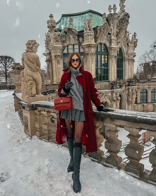 Burgundy Coat with Soft Gray Layers