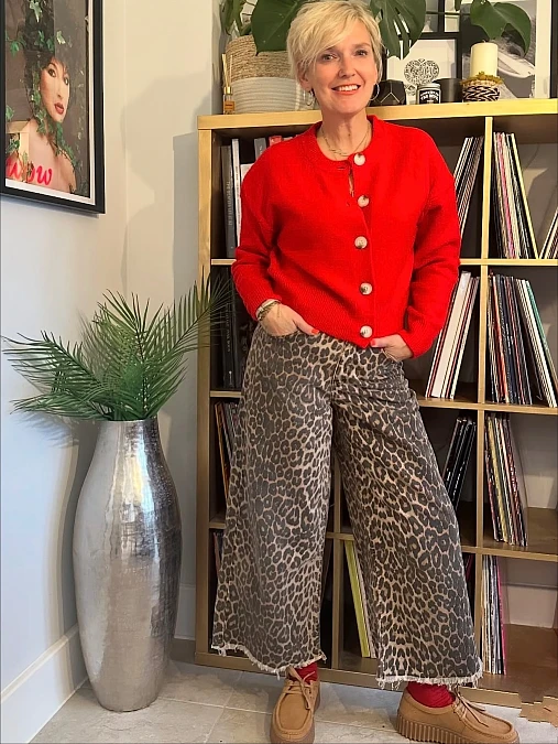 Red Cardigan and Leopard Trousers