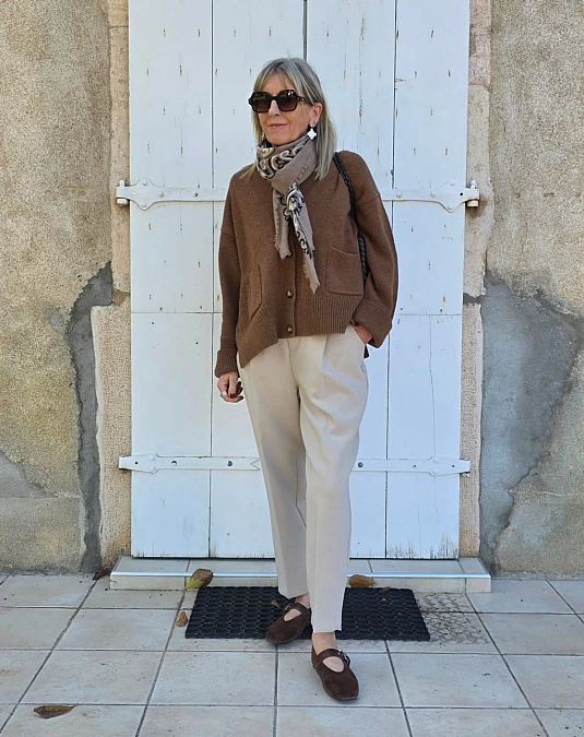 Chocolate Cardigan and Cream Trousers