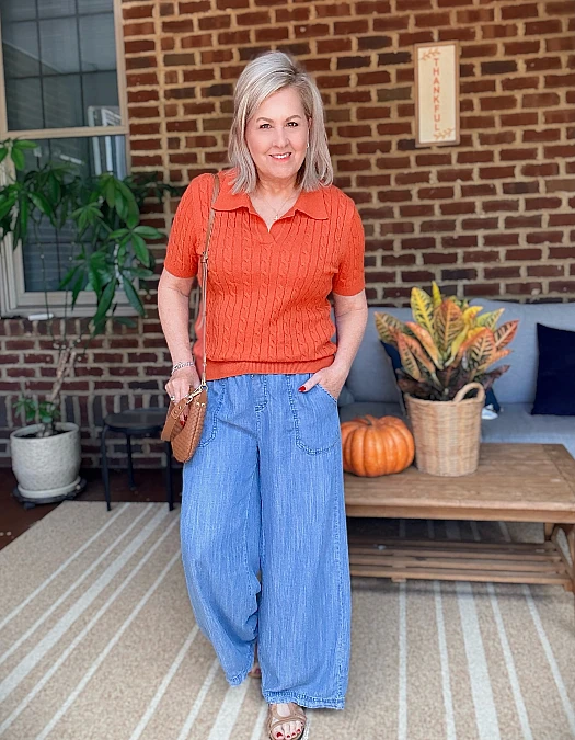 Rust Knit and Wide-Leg Denim