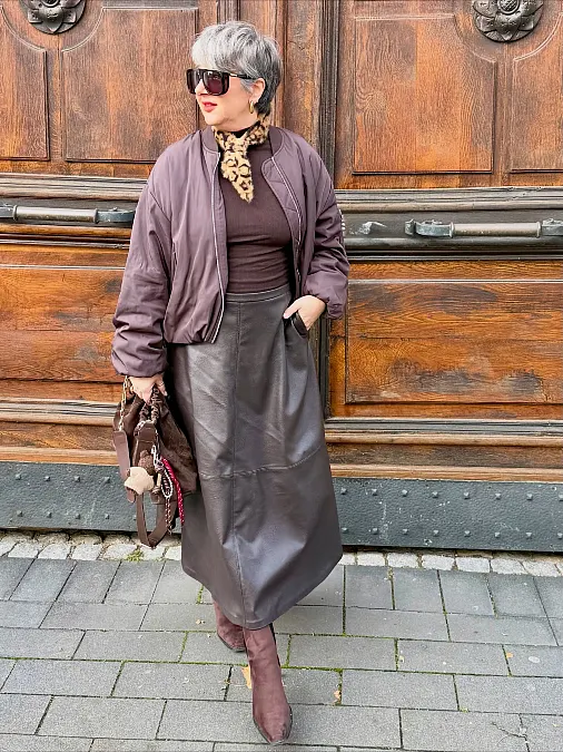 Chocolate Leather Skirt and Bomber Jacket