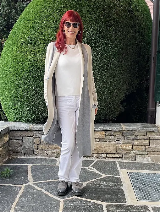 Soft Cream Layers and White Trousers