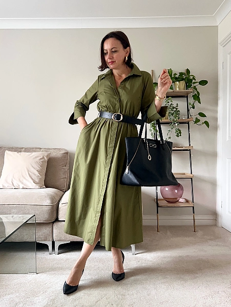 Olive Shirt Dress and Black Accessories